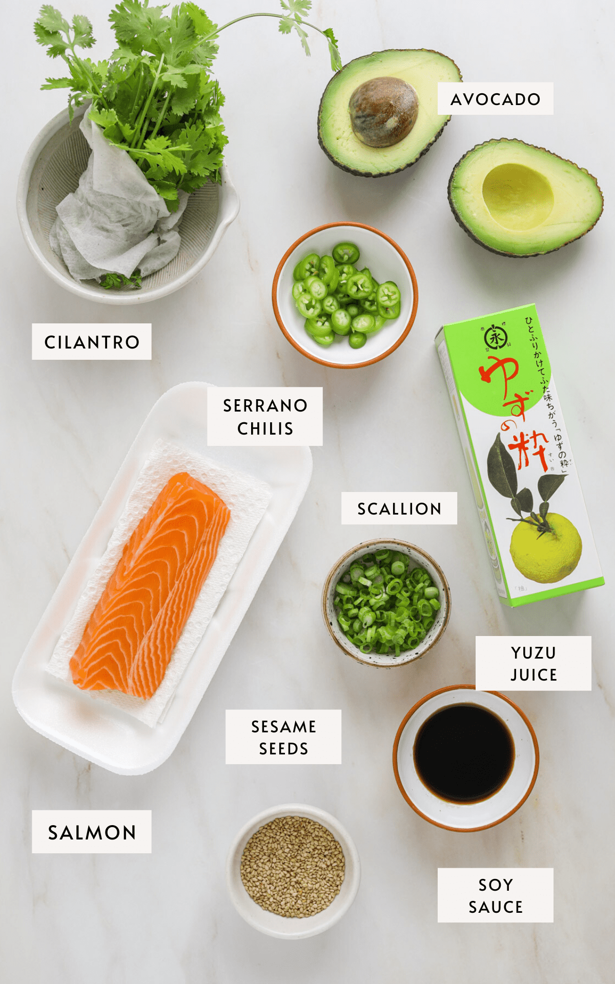 a small filet of raw salmon, a bundle of cilantro, a small dish of sliced Serrano chilis, avocado and a bottle of yuzu juice.