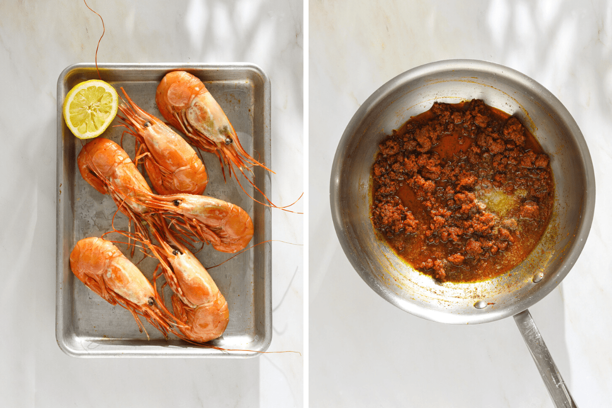 Left: a small baking tray with 6 whole cooked prawns. Right: a stainless steel pan with cooked N'duja.