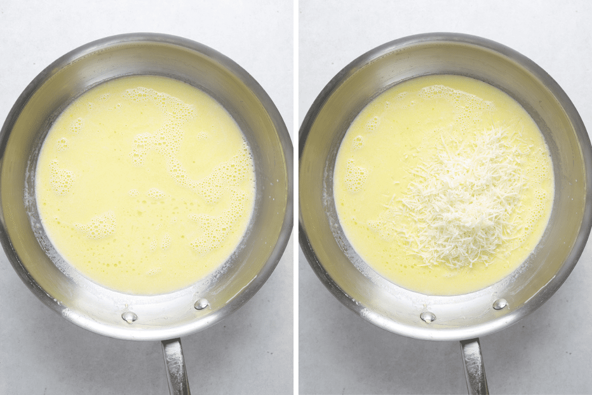 Left: a saute pan filled with butter and cream. Right: a sauté pan filled with butter, cream and grated parmesan cheese.