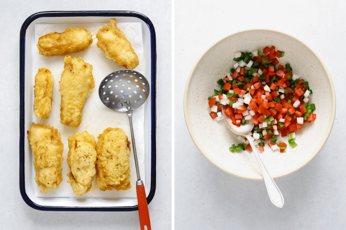 Left: a paper towel lined platter with piece of fried fish and a slotted spoon. Right: a ceramic bowl filled with pico de gallo salsa.