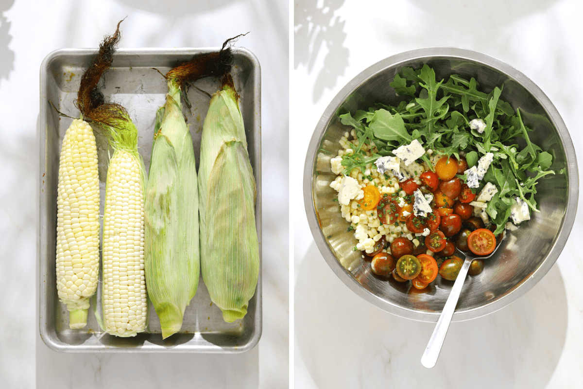left: four corn on the cob on a baking tray. right: a bowl of corn salad ingredients.