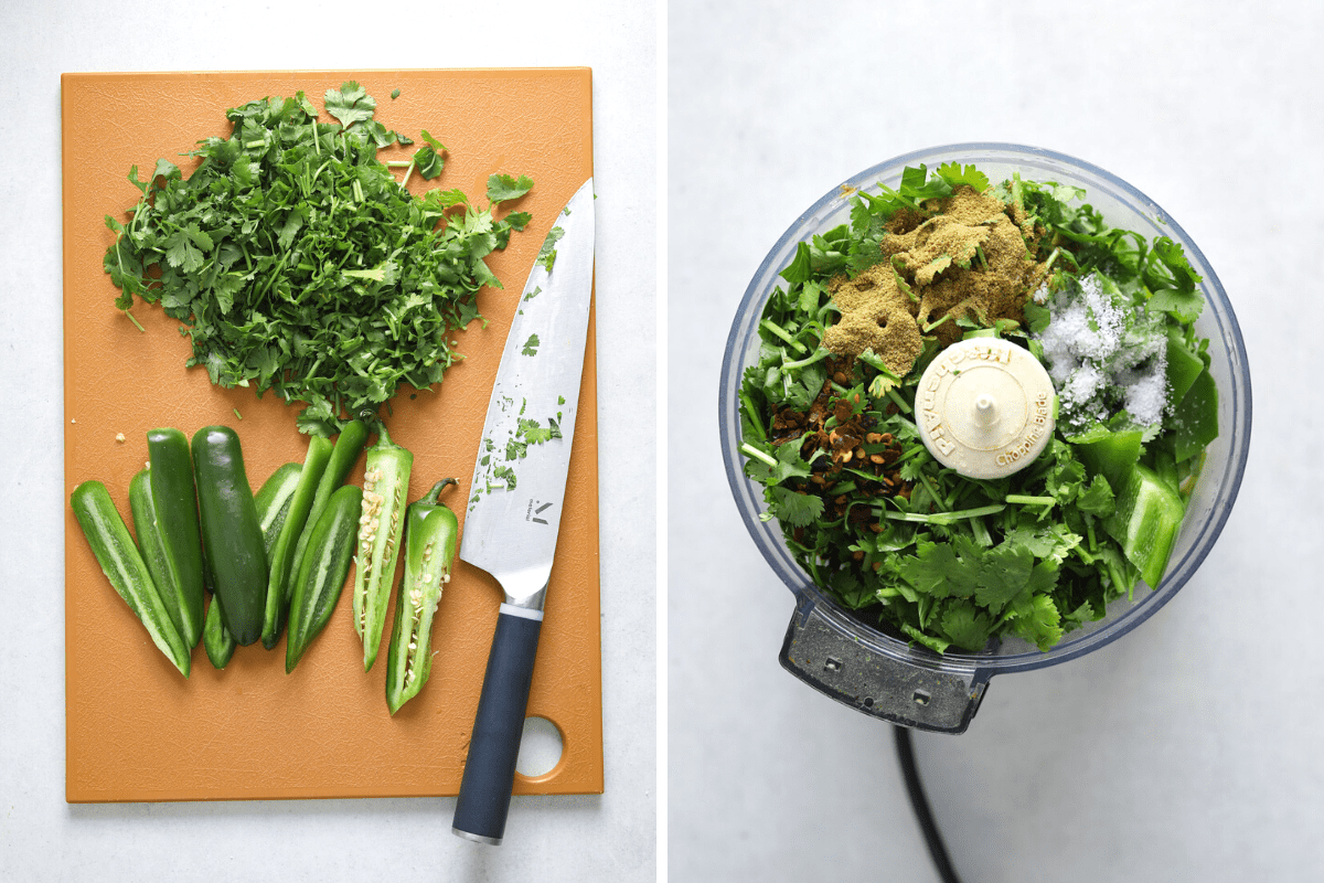 left: a cutting board with chopped herbs, jalapeño and a knife. right: a food processor filled with herbs and spices.