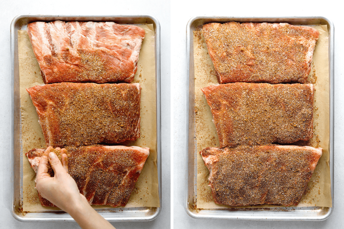Left: a hand sprinkling spice rub on three racks of ribs. Right: Three racks of pork ribs coated in BBQ spice rub on a baking tray.