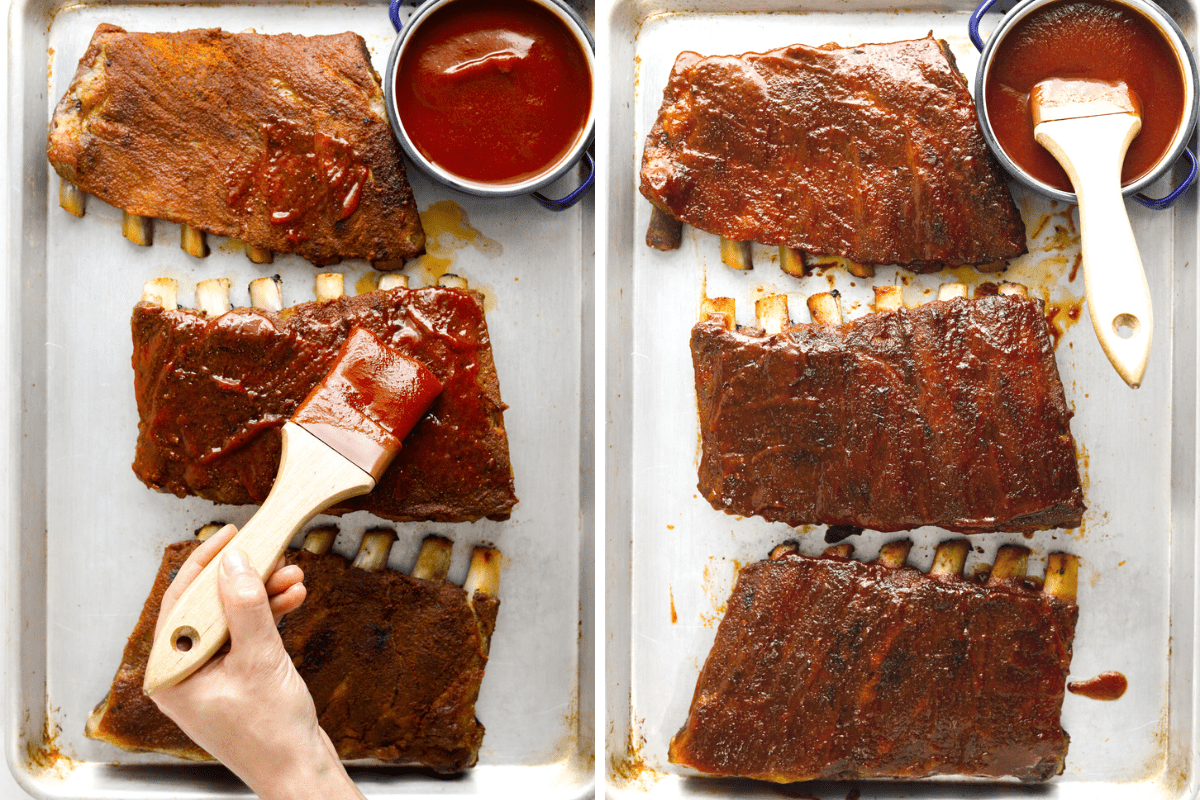 Left: BBQ sauce being brushed on a rack of ribs. Right: three racks of ribs coated in BBQ sauce.