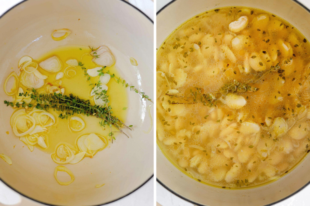 Left: a white pot with sautéed shallots, thyme and garlic. Right: a white pot with beans, herbs and broth.
