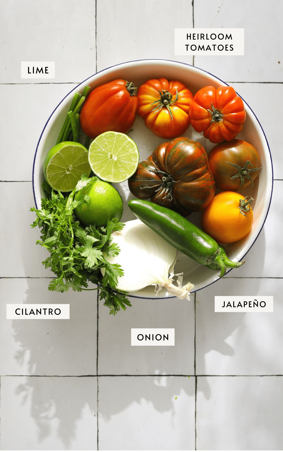 A white enamel bowl filled with multi-colored heirloom tomatoes, a jalapeño pepper, half a white onion, a small bunch of cilantro and two limes cut in half.
