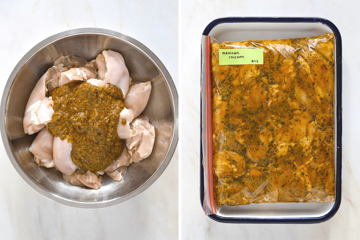 Left: a stainless steel bowl filled with raw chicken thighs and spicy marinade. Right: a Zip Lock bag filled with marinated chicken.