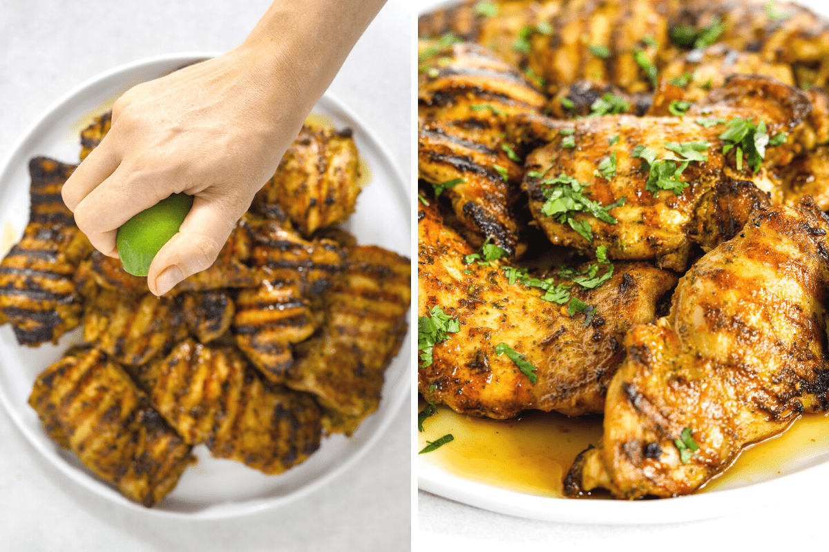 Left: a hand squeezing lime juice over a white plate of grilled chicken. Right: a close up image of grilled chicken on plate topped with minced cilantro.