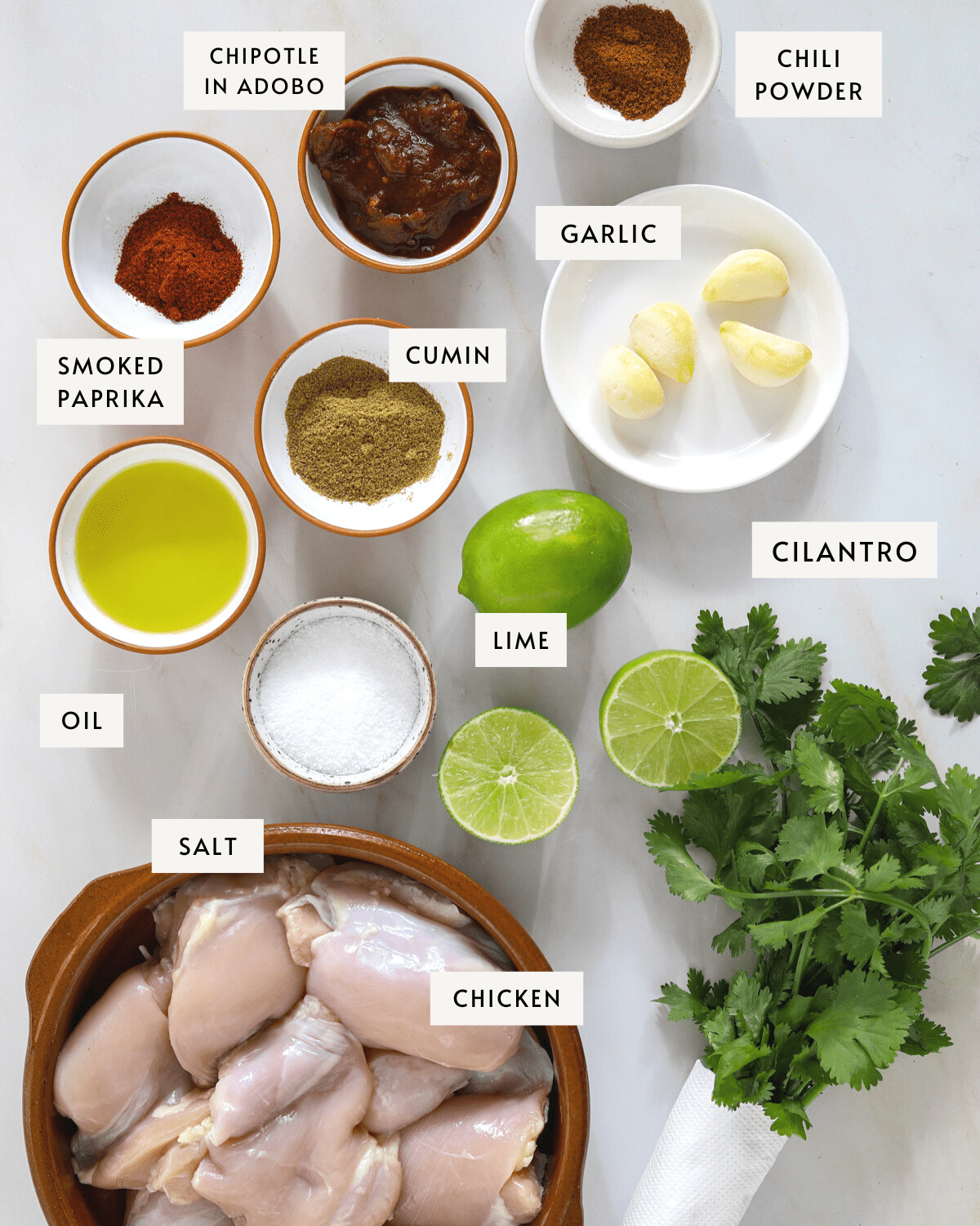 Six individual mall bowls filled with spices, salt and oil. A lime cut in half, a bundle of cilantro, a bowl of chicken on a blue background.