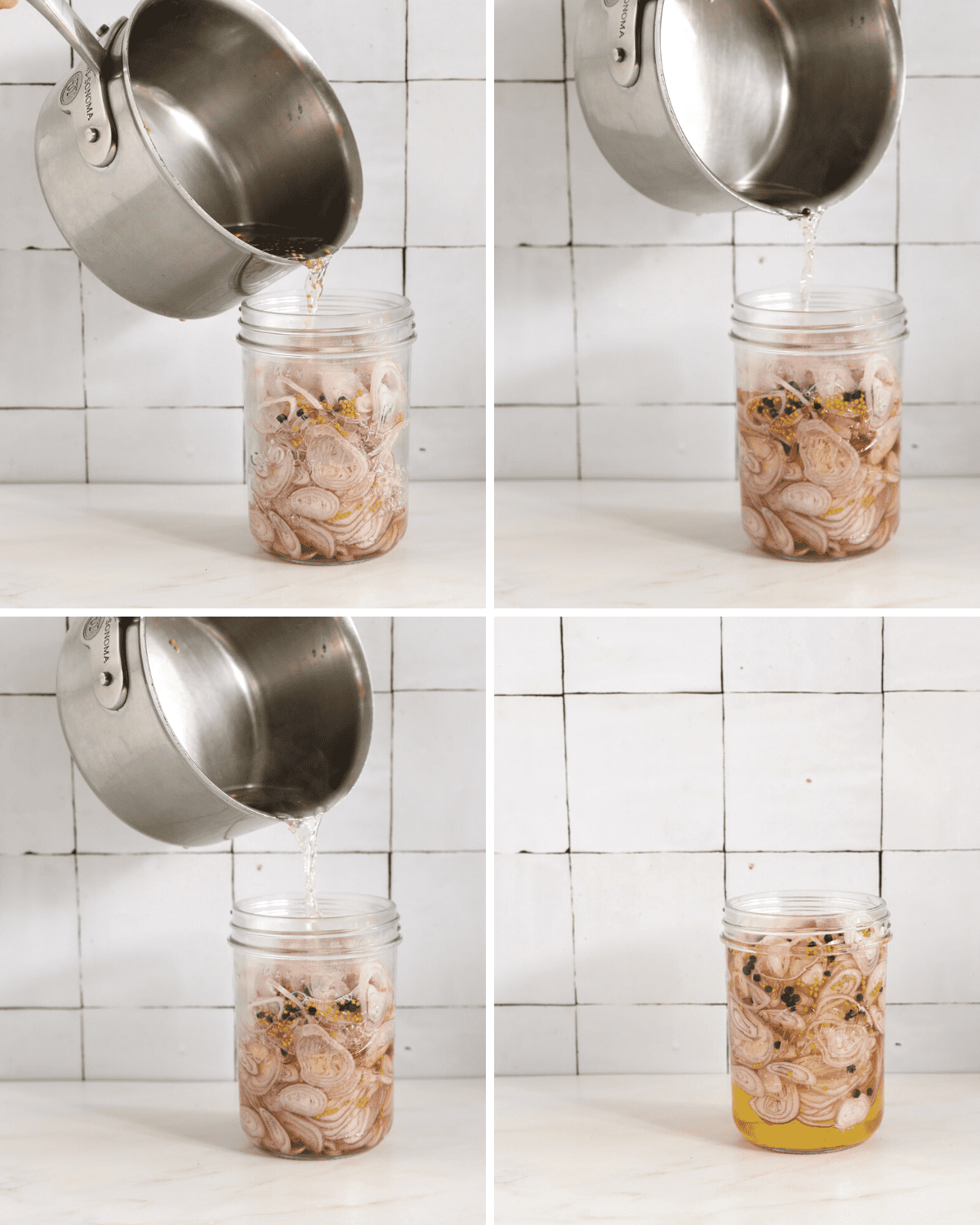 A collage of four step-by-step photos of a hot vinegar brine being poured into a tall glass jar filled with shallots.