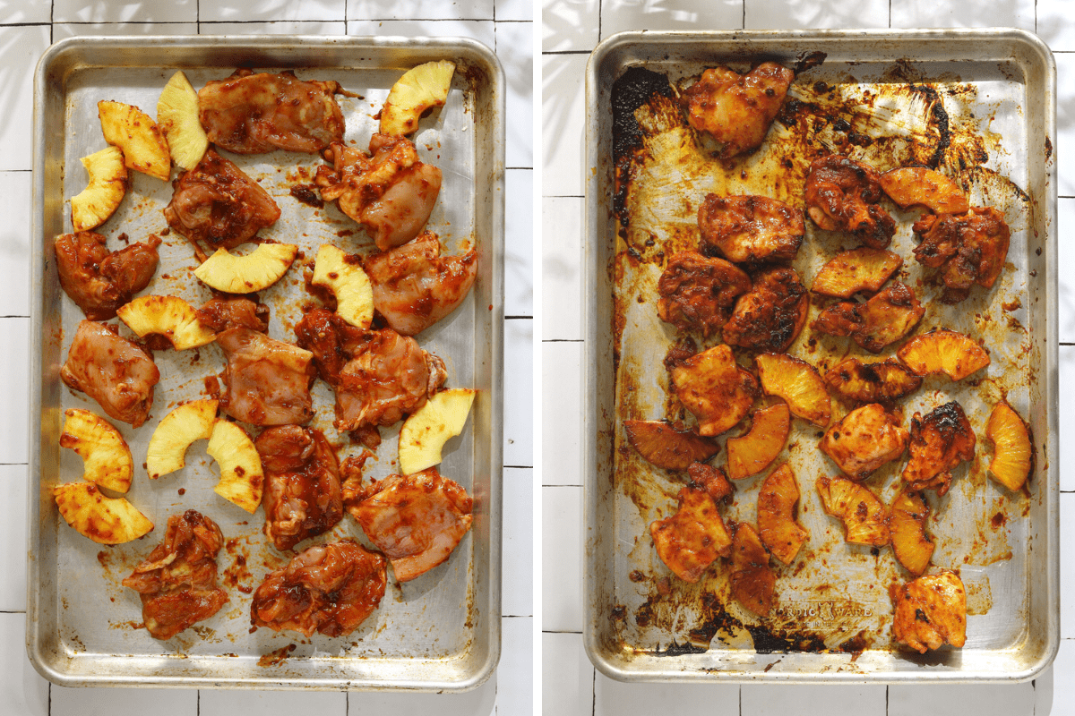 Left: a baking tray with marinated (raw) chicken and pineapple chunks. Right: a baking tray with cooked chicken and pineapple on a tile background.