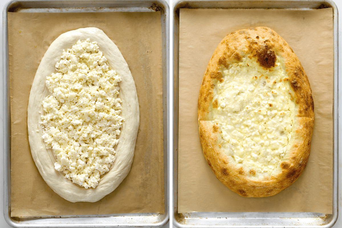 Left: a parchment lined baking tray with an uncooked, oval shaped pizza dough filled with grated cheese. Right: a brown parchment lined baking tray with a golden brown, oval-shaped Khachapuri pizza.