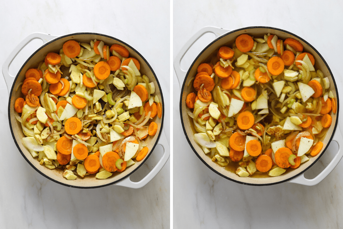 Left: a dutch oven filled with sautéing carrots, parsnips and apples. Right: a dutch oven with soup simmering.