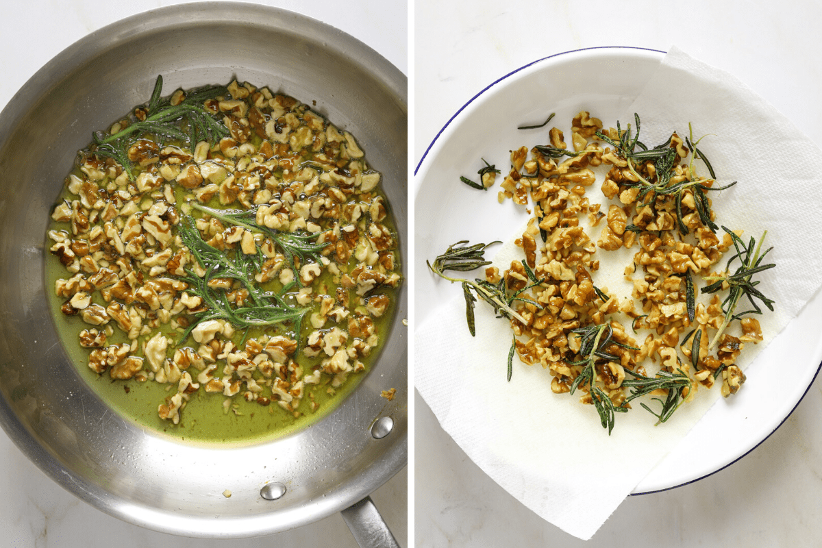 Left: a sauté pan with walnut pieces and a sprig of rosemary frying in olive oil. Right: fried walnuts and rosemary pieces on a paper towel lined plate.