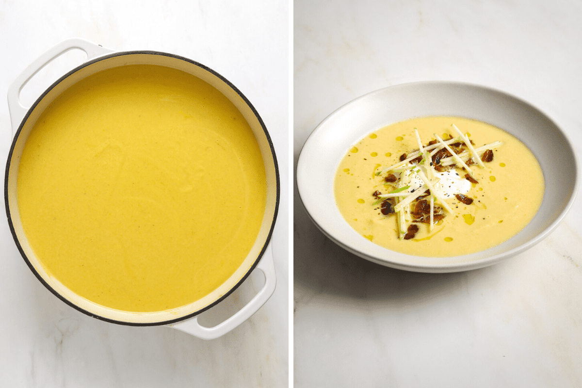 Left: pale yellow/orange pureed soup in a dutch oven. Right: a bowl of soup topped with crispy bacon, apples and sour cream.