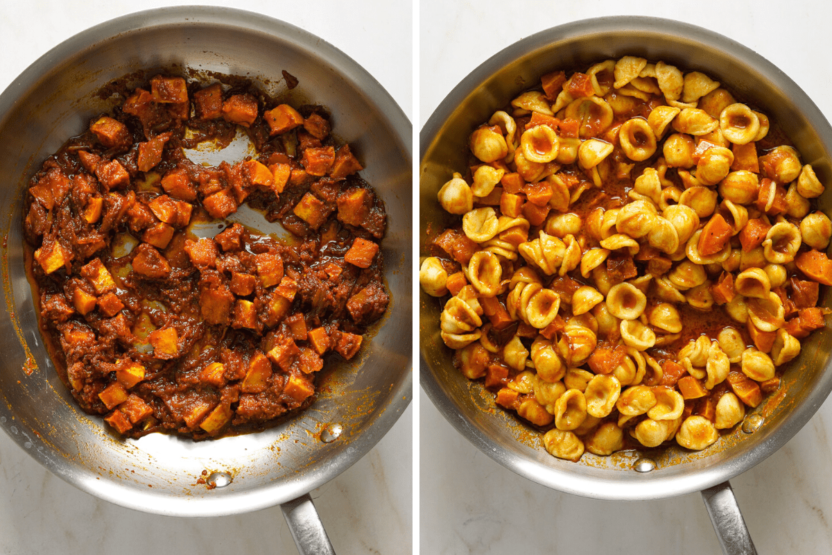 Left: a sauté pan with cubed butternut squash and 'nduja. Right; a pan with orecchiette and squash.