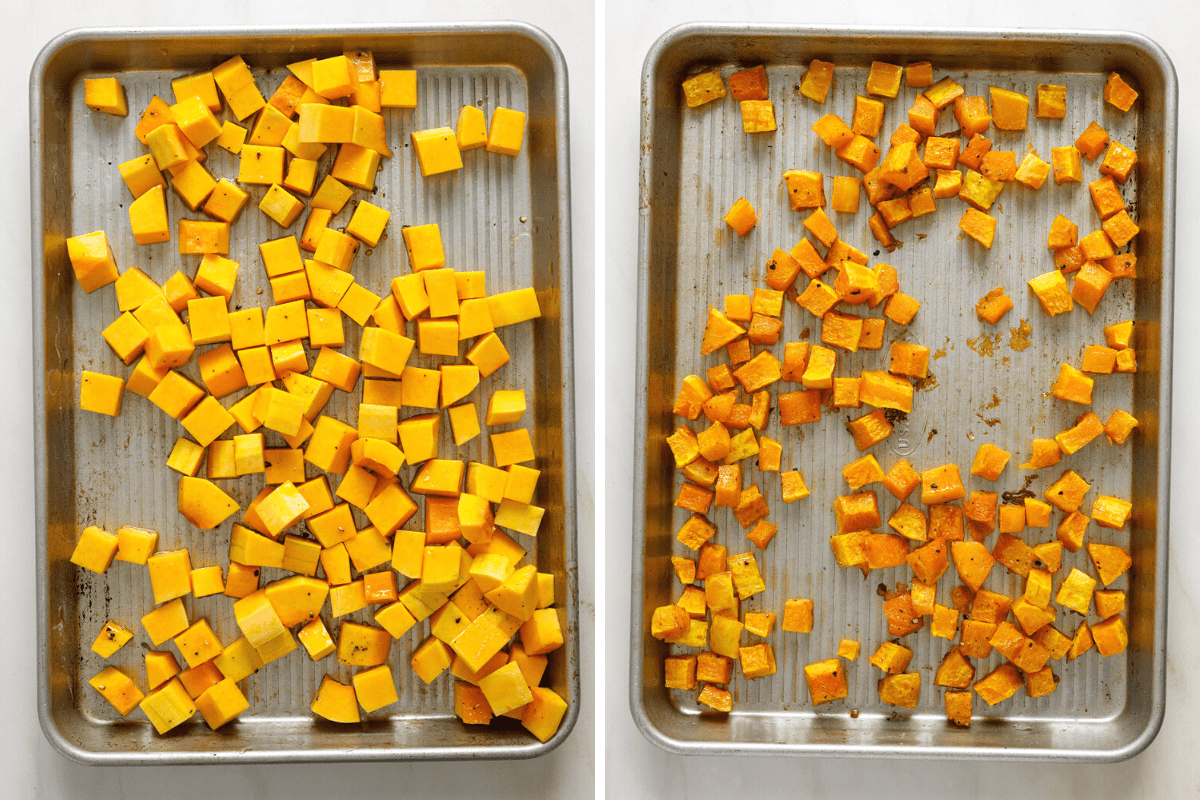 Left: a baking tray with raw, cubed butternut squash. Right: a baking tray with roasted, cubed butternut squash.