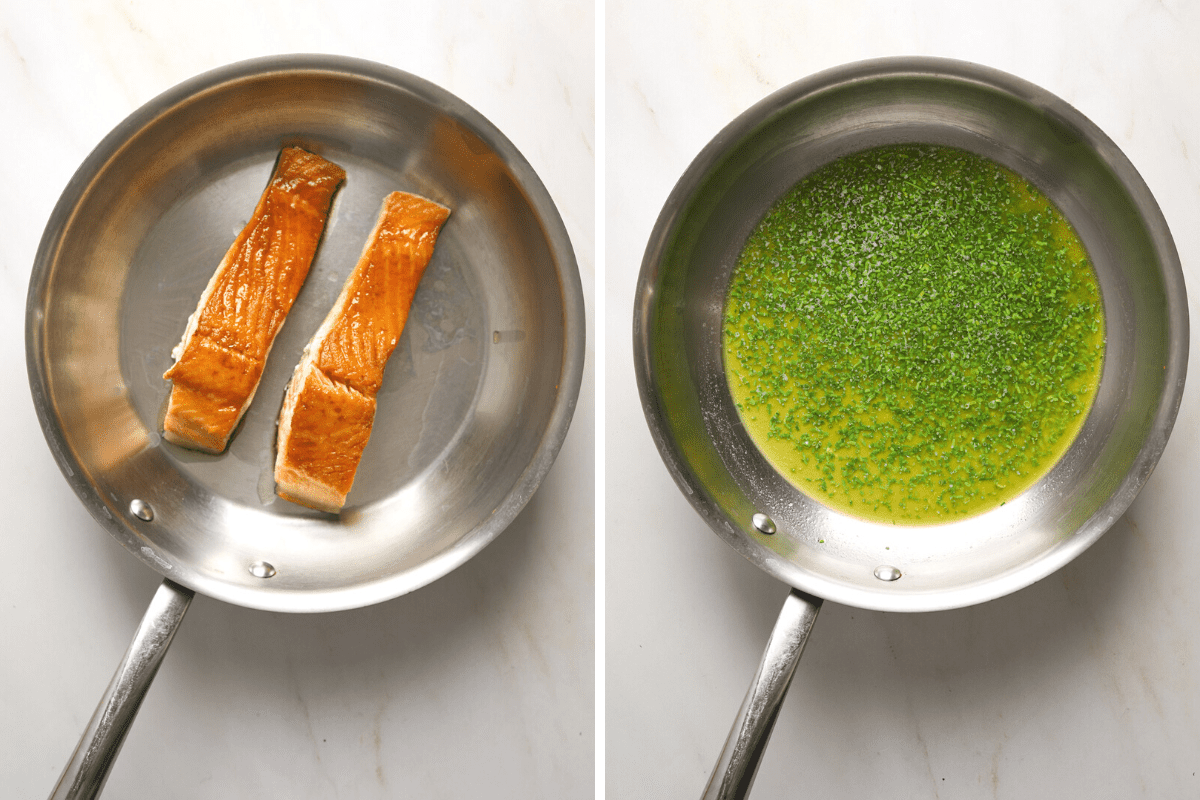 Left: two filets of salmon in a stainless steel sauté pan. Right: minced chives and melted butter in a sauté pan.