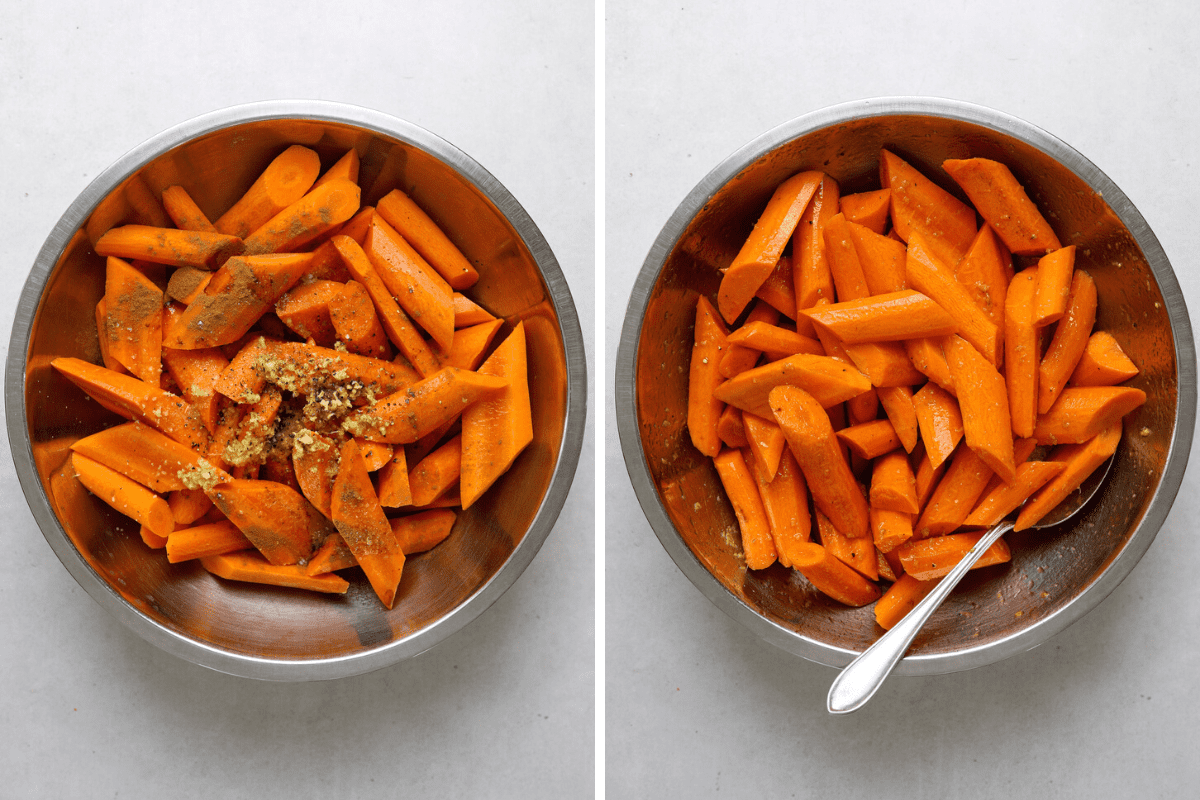 Left: a mixing bowl filled with carrots, cinnamon and chopped ginger. Right: a mixing bowl with raw carrots tossed with olive oil, maple syrup and salt.