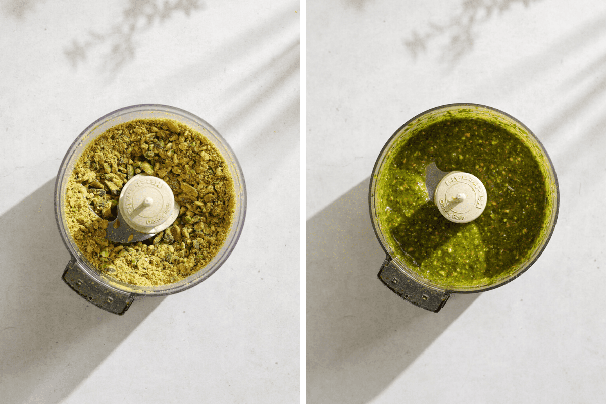 Two mini food processors, one with minced pistachios, the other with dark green pesto sauce.