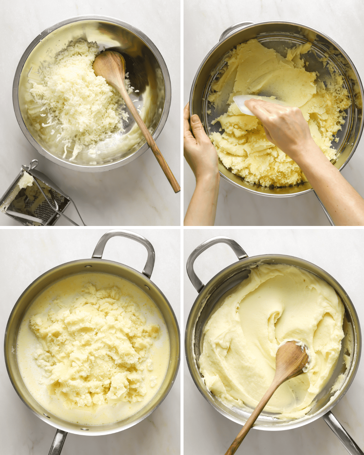 Four, step-by-step photos demonstrating cooked potatoes being passed through a ricer, then pressed through a sieve and lastly, folded together with cream and butter in a large pot.
