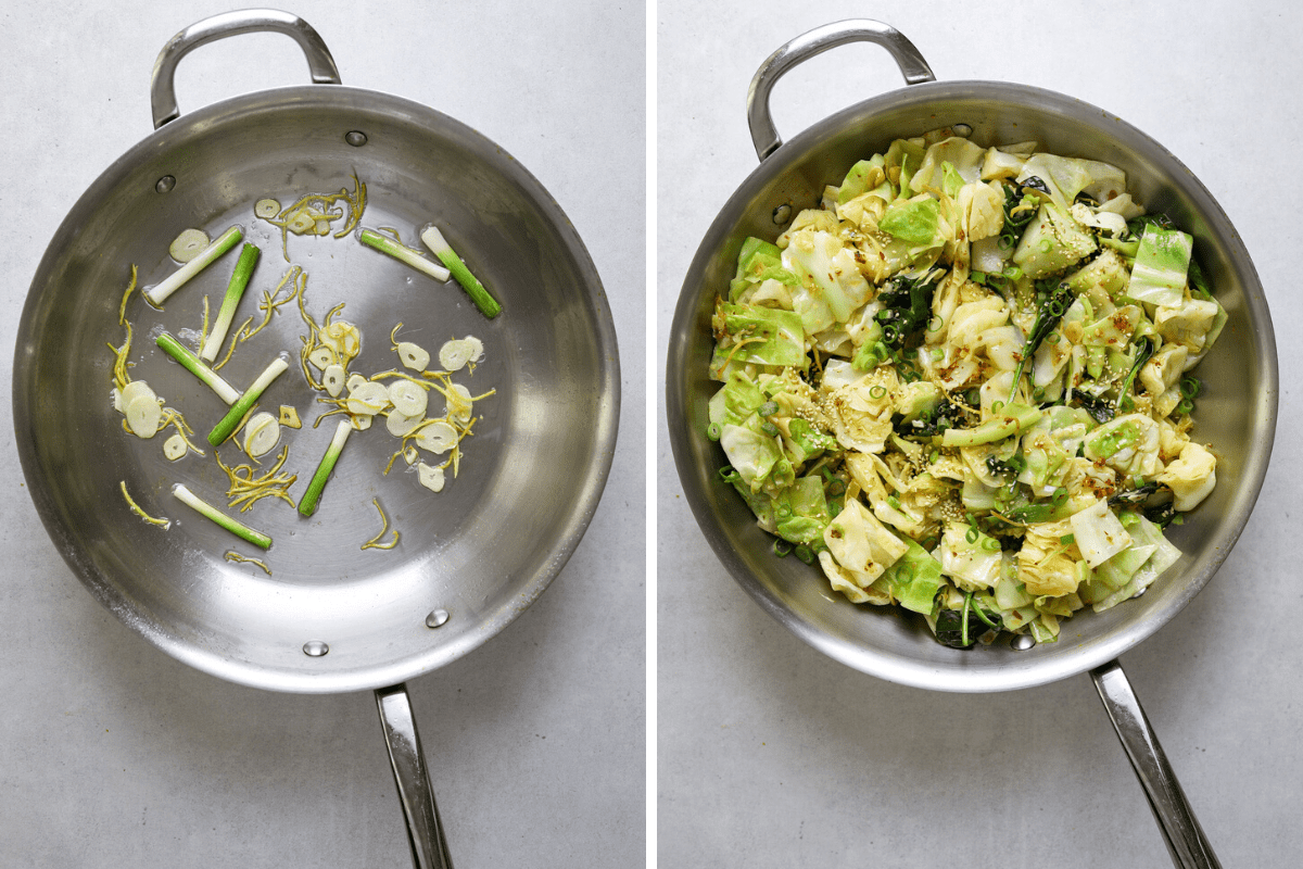 Left: a stainless steel sauté pan with oil, slivered garlic and ginger. Right: a sauté pan filled with stir fried cabbage.
