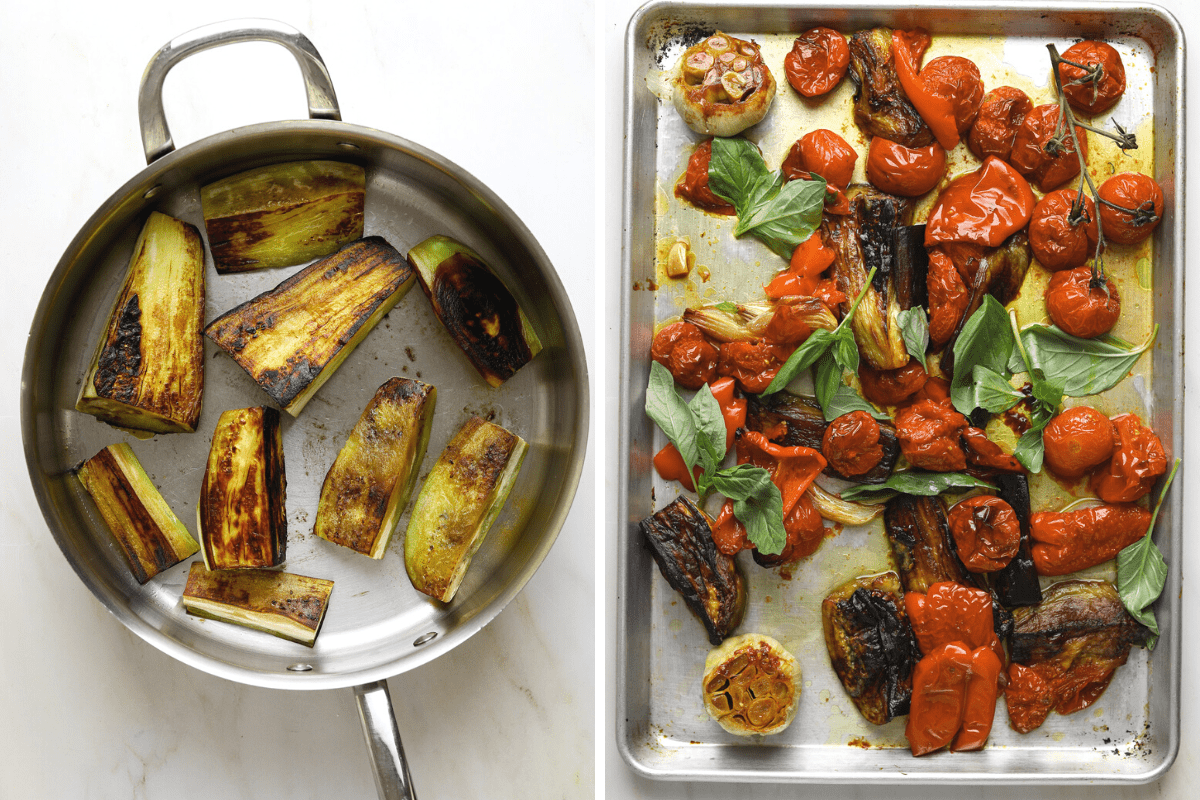 A saute pan with charred eggplant pieces and a baking tray with roasted eggplant, tomatoes and bell peppers.