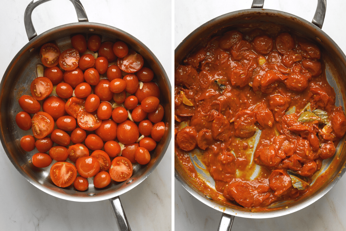 Two sauté pans with tomato sauce.