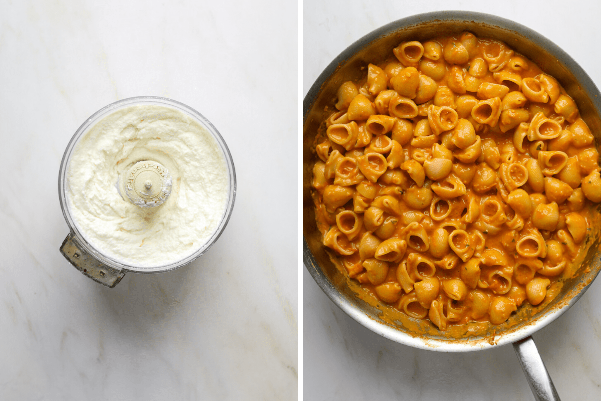 a small food processor filled with ricotta cheese and a pan with pasta coated in a creamy red sauce.