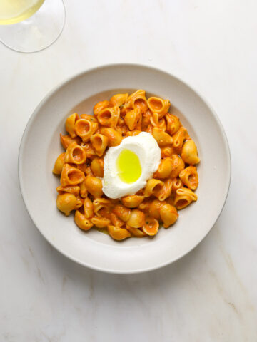 A white bowl filled with saucy red pasta topped with a dollop of ricotta cheese.
