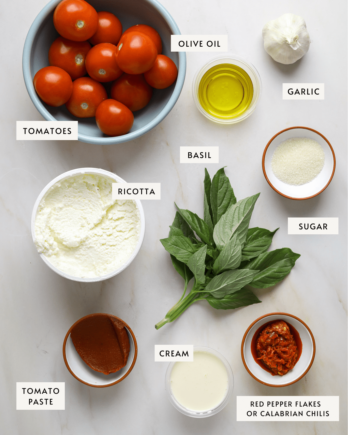 a bowl of cherry tomatoes, a tub of ricotta cheese, a bundle of fresh basil and assorted small bowls of spices and ingredients on a marble background.