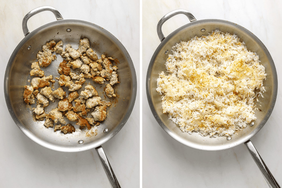 Left: ground pork sauteing in a pan. Right: golden brown rice crisping in a pan