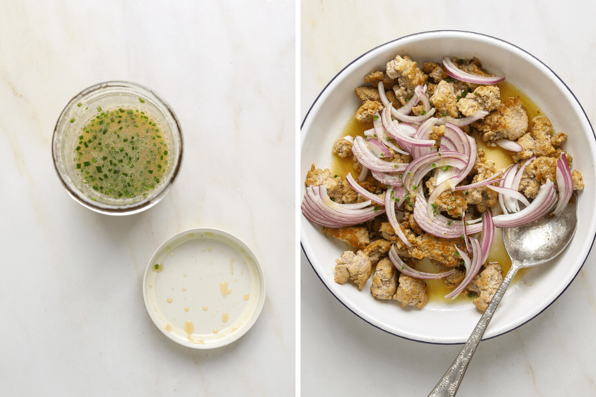 Left: salad dressing in a jar. Right: crispy pork in a bowl topped with onions and dressing.