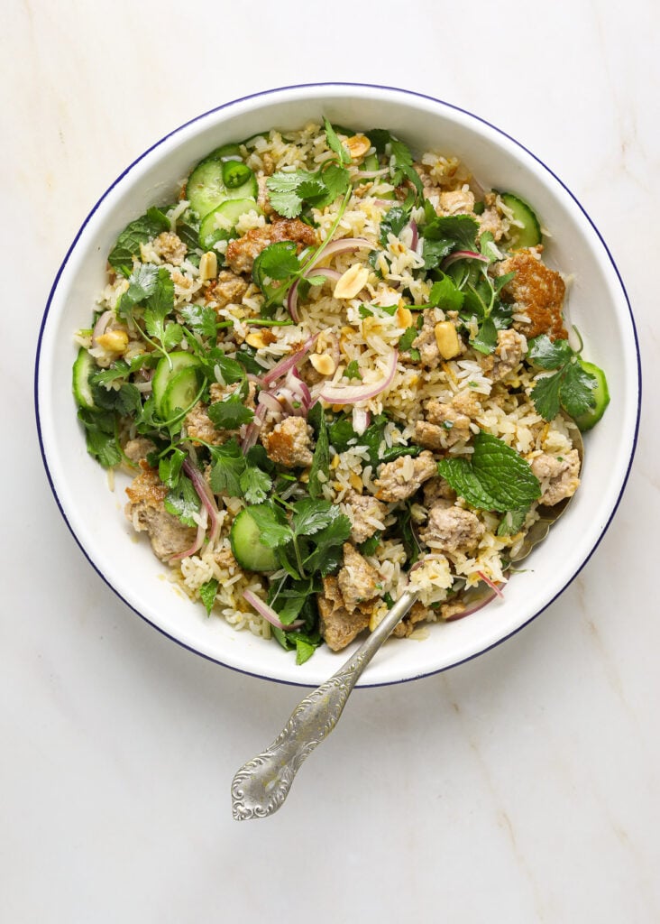 A white enamel bowl filled with salad and ground pork.