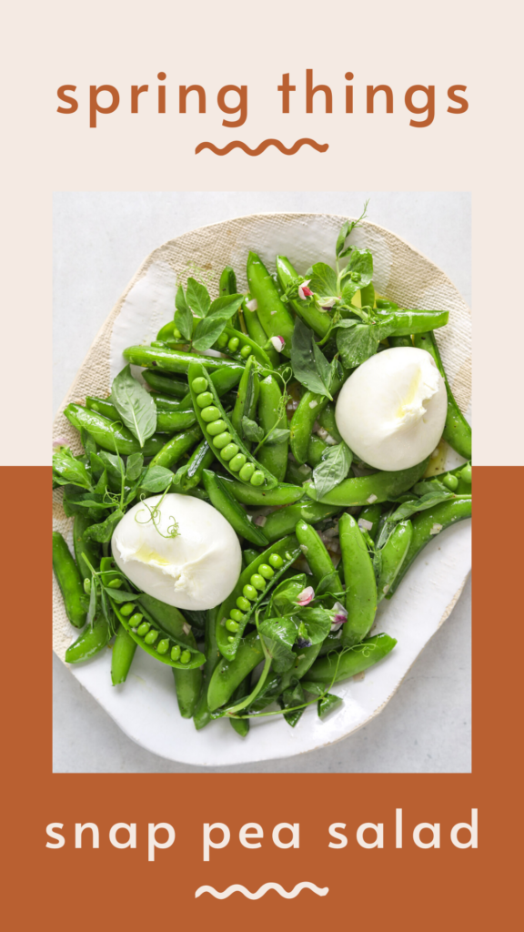 A platter of snap pea salad. Title: "spring things" "snap pea salad"