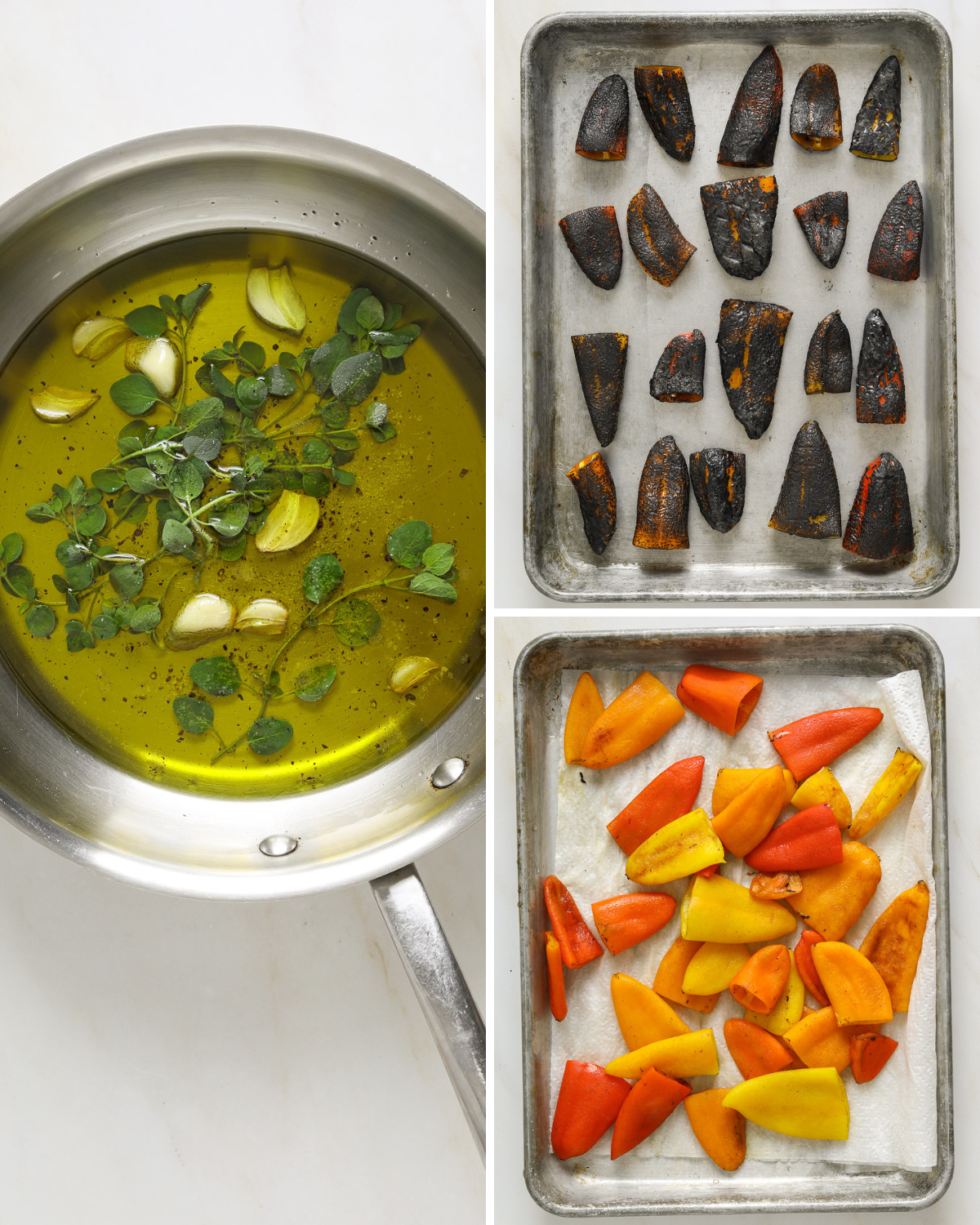 A collage of step by step photos demonstrating how to roast and marinate bell peppers.