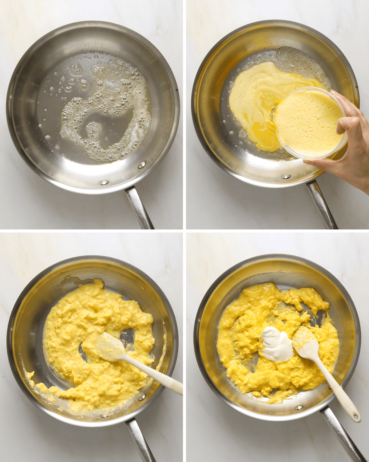 Four step by step photos of eggs being scrambled in a stainless steel sauté pan with a rubber spatula.