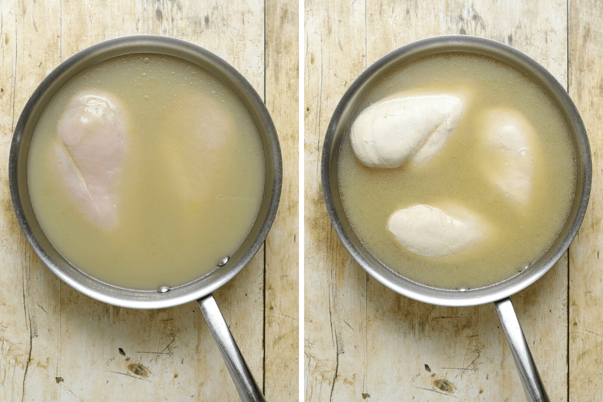 Side by side photos of chicken cooking in a skilled with broth.