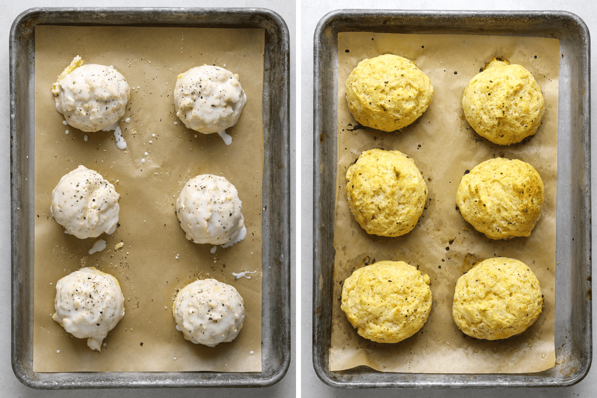 Left: uncooked biscuits on a baking tray slathered in buttermilk. Right: freshly baked, golden corn biscuits.