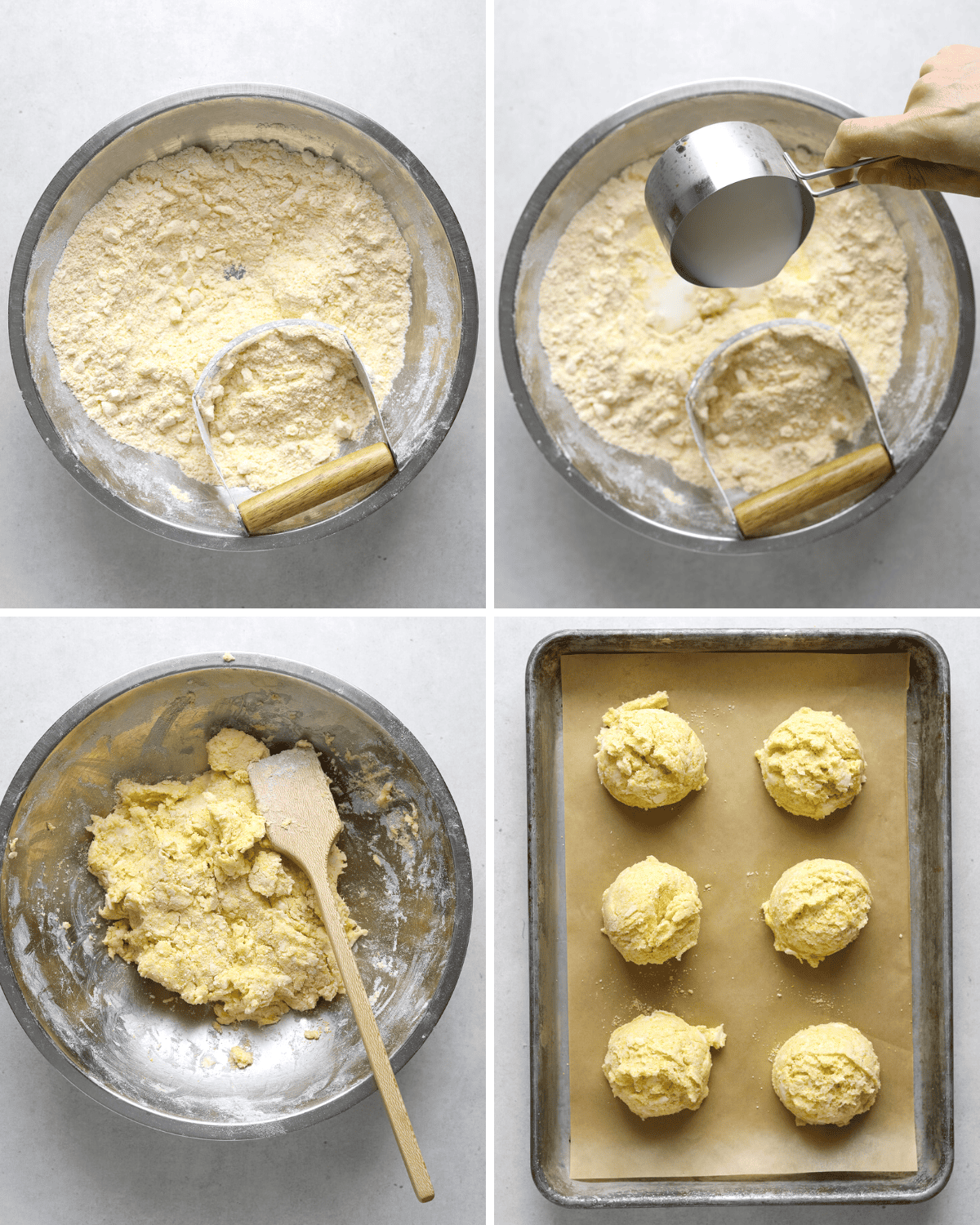 Four step by step photos demonstrating the biscuit making process.