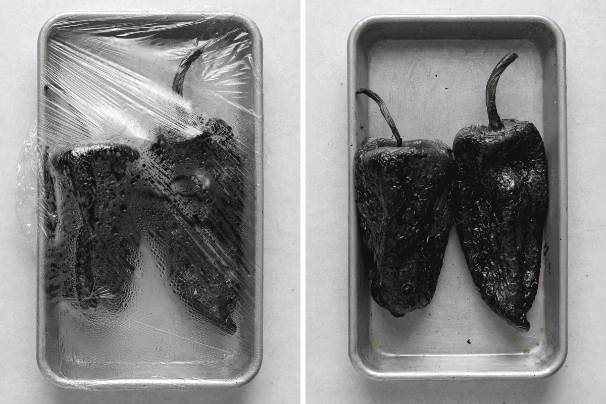 Left: two roasted poblano peppers on a baking tray steaming under plastic wrap. Right: Two charred and steamed poblano peppers on a baking tray.