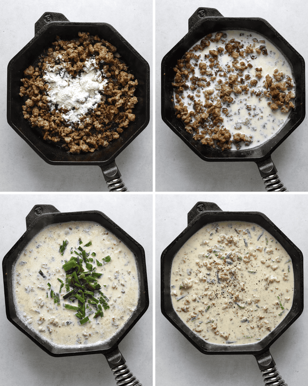 Four step by step photos showing the process of making poblano-sausage gravy in a cast iron pan.