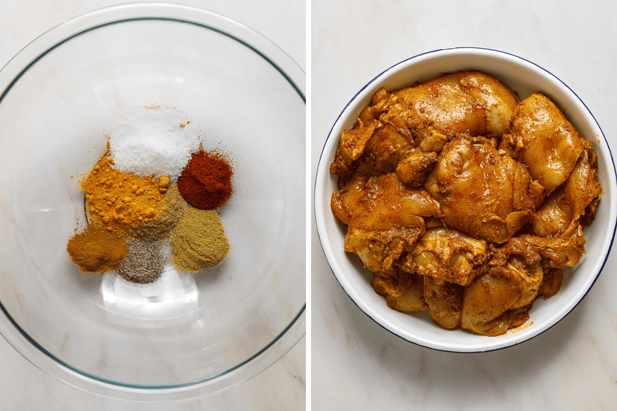 Left: a large mixing bowl of spices. Right: a bowl of raw, marinated chicken.