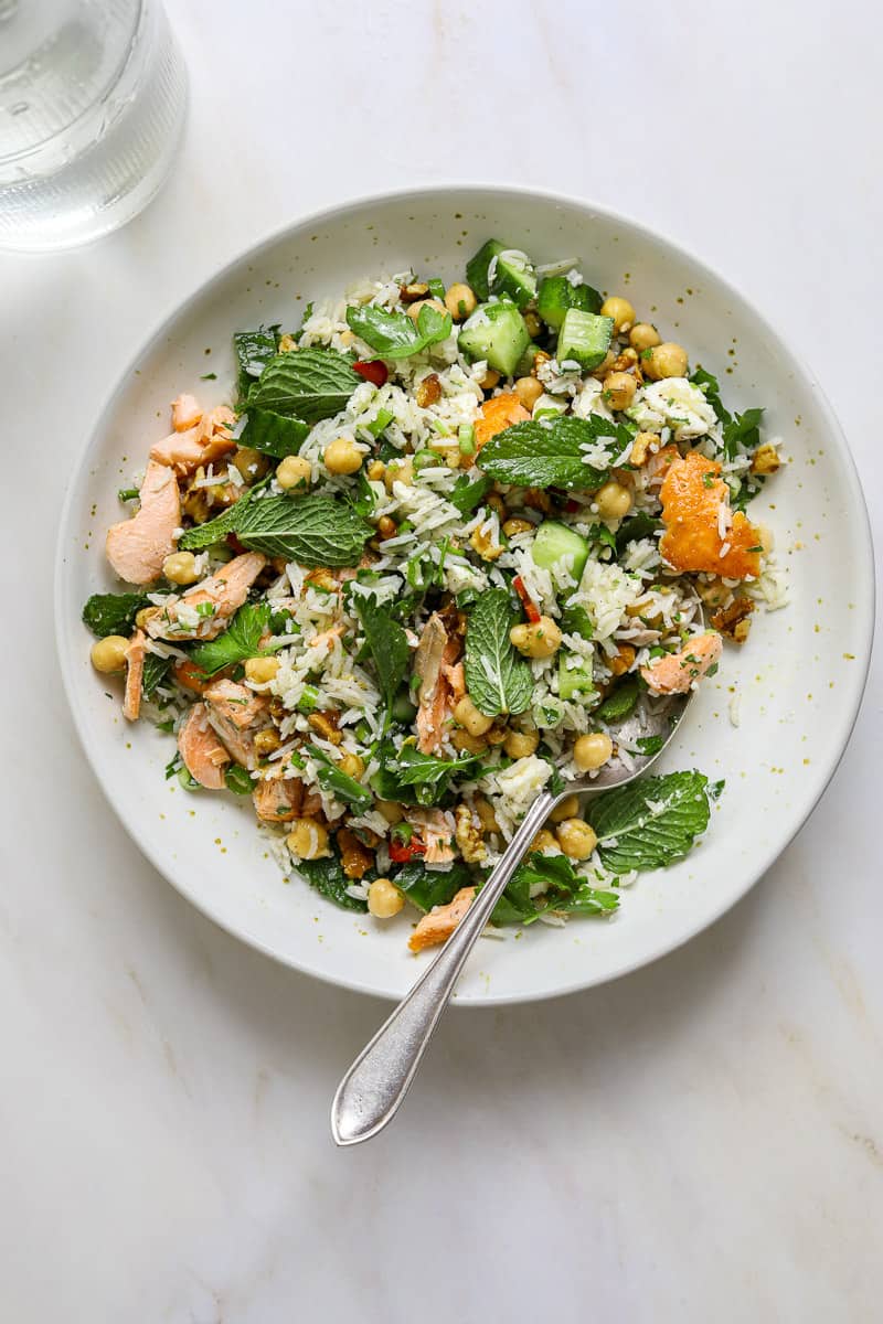 Salmon and Rice Salad with Garbanzo Beans, Feta and Mint