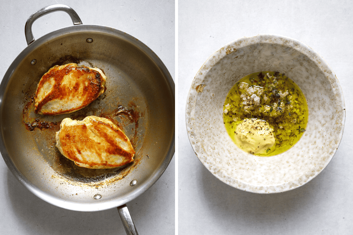 Left: two chicken cutlets searing in a stainless steel pan. Right: Vinaigrette ingredients in a ceramic bowl; minced shallot, dijon mustard, olive oil.