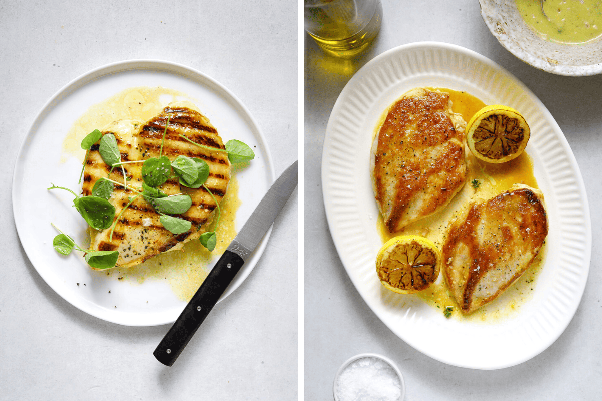 Left: a grilled chicken paillard on a white plate. Right: two pan-seared chicken breasts on an oval platter.