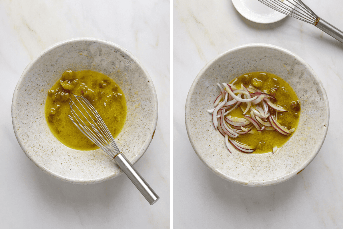 Left: a ceramic bowl filled with vinaigrette and a whisk. Right: Vinaigrette, shaved red onion and golden raisins in a ceramic bowl.