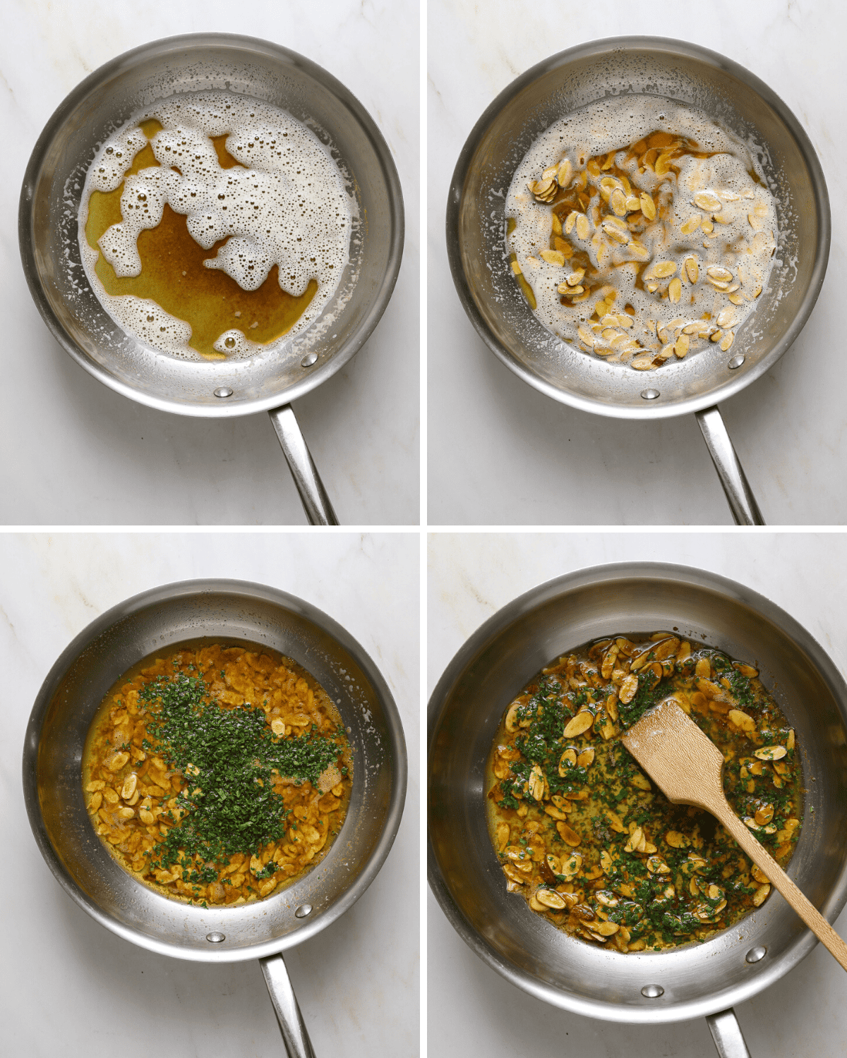 A sequence of four step by step photos of brown butter sauce being made in a sauté pan.