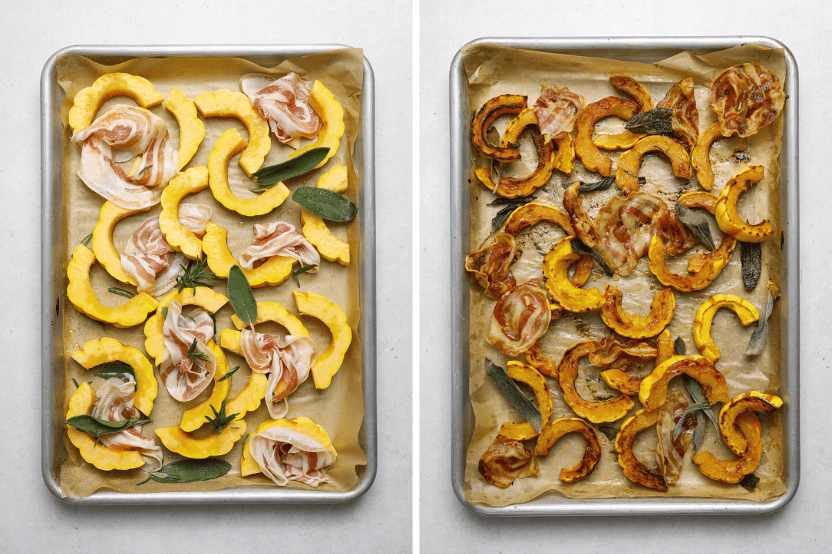 Left: A sheet pan with squash and pancetta. Right: a sheet pan with roasted squash and pancetta.