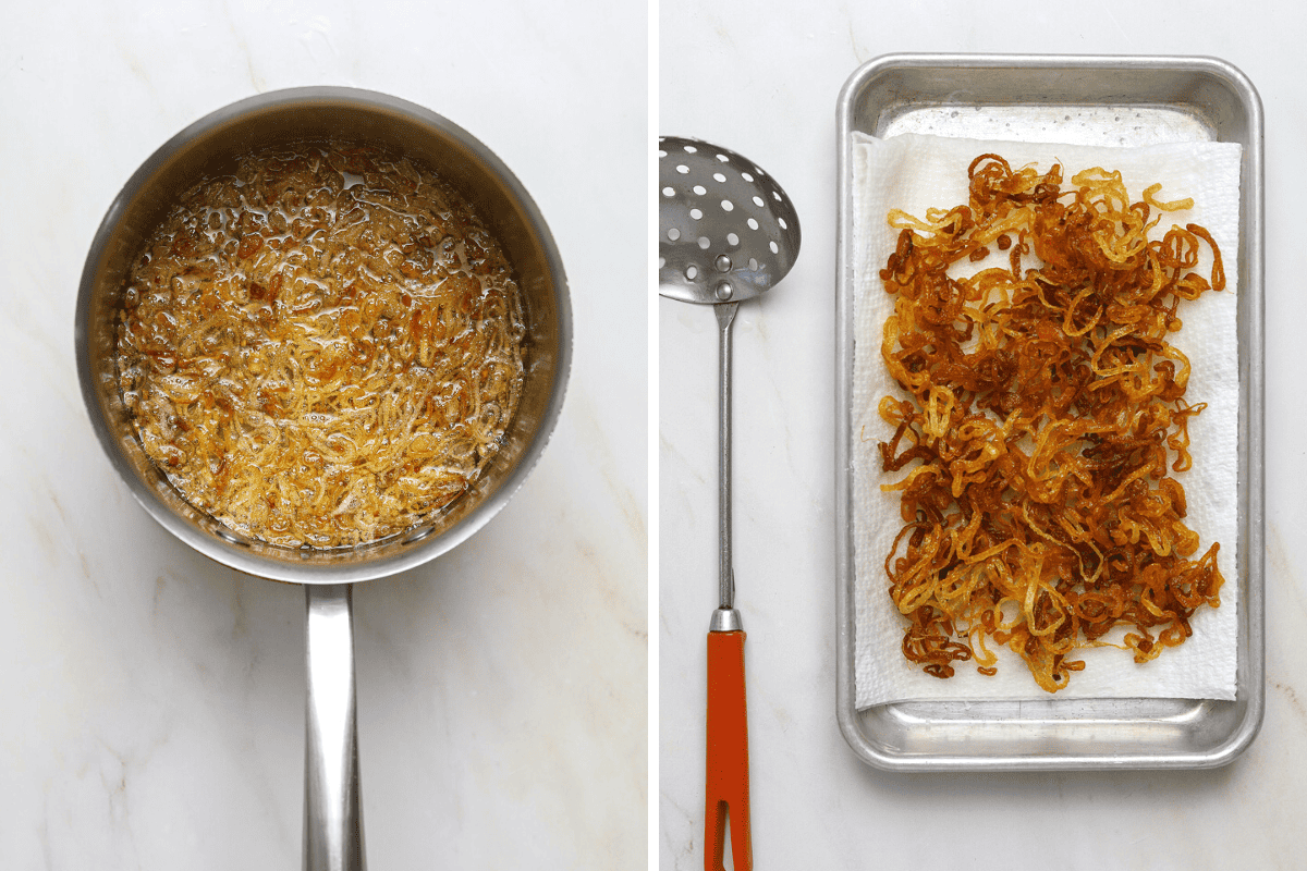 Left: a small pot with thinly sliced shallots frying. Right: fried shallots resting on a paper towel lined baking tray.